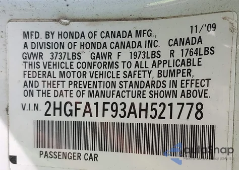 2010 Honda Civic Ex-L from USA, damaged, VIN 2HGFA1F93AH521778